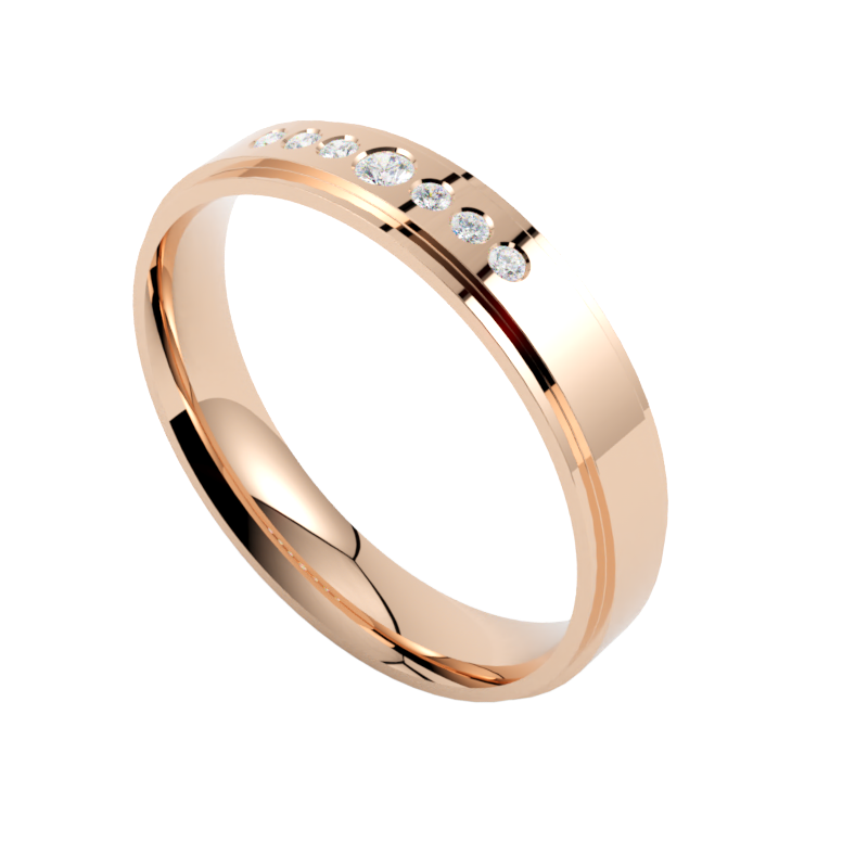 Obrączka z różowego złota z niestandardowym układem kamieni i o nowoczesnym profilu